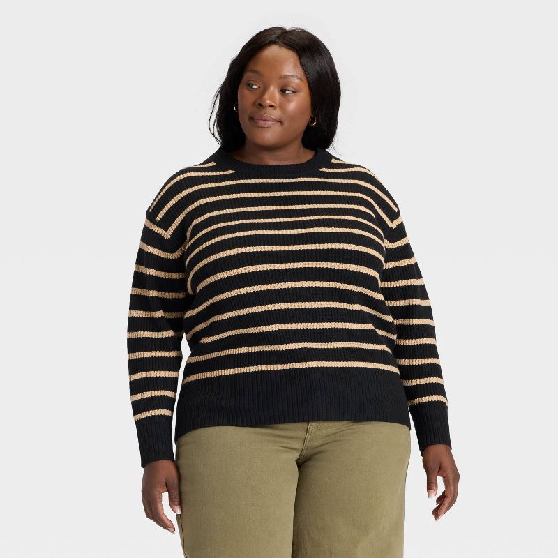 slide 1 of 3, Women's Crewneck Pullover Sweater - Ava & Viv™ Black Striped XXL, 1 ct