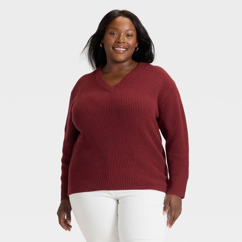 slide 1 of 3, Women's V-Neck Pullover Sweater - Ava & Viv™ Burgundy 2X, 1 ct