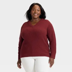 Women's Long Sleeve V-Neck Pullover Sweater - Ava & Viv™ Burgundy 3X