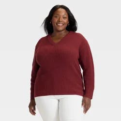 Women's Long Sleeve V-Neck Pullover Sweater - Ava & Viv™ Burgundy 3X
