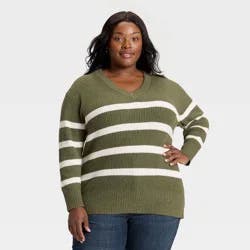 Women's Long Sleeve V-Neck Pullover Sweater - Ava & Viv™ Green Striped 1X