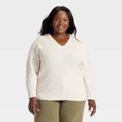 Women's Long Sleeve V-Neck Pullover Sweater - Ava & Viv™ Oatmeal 1X