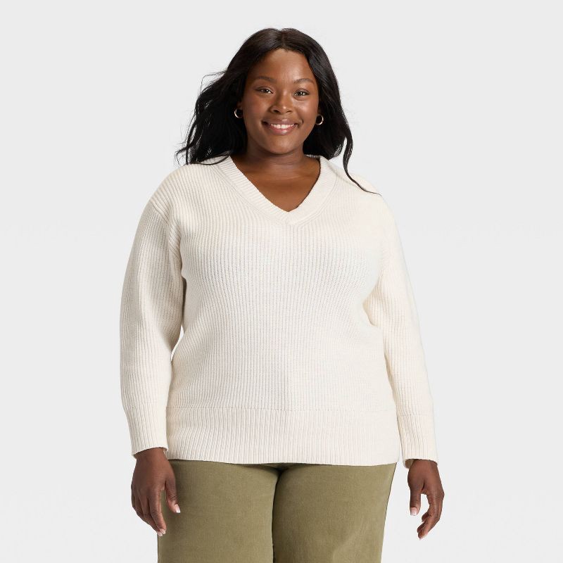 slide 1 of 3, Women's V-Neck Pullover Sweater - Ava & Viv™ Oatmeal 3X, 1 ct