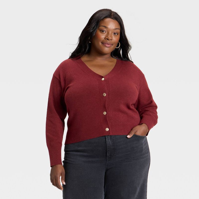 slide 1 of 3, Women's Button-Front Cardigan Sweater - Ava & Viv™ Burgundy 1X, 1 ct