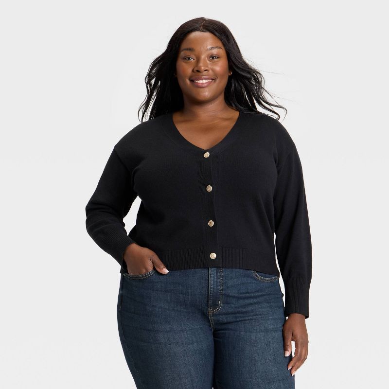 slide 1 of 3, Women's Button-Front Cardigan Sweater - Ava & Viv™ Black XXL, 1 ct