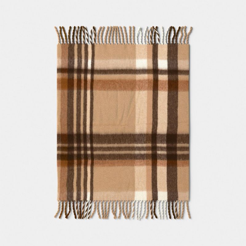 slide 3 of 5, Woven Plaid Throw Blanket Tan - Threshold™, 1 ct