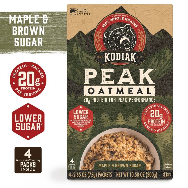 slide 4 of 6, Kodiak Cakes Peak Protein Packed Maple Brown Sugar Oatmeal - 10.58oz/4ct, 10.58 oz, 4 ct