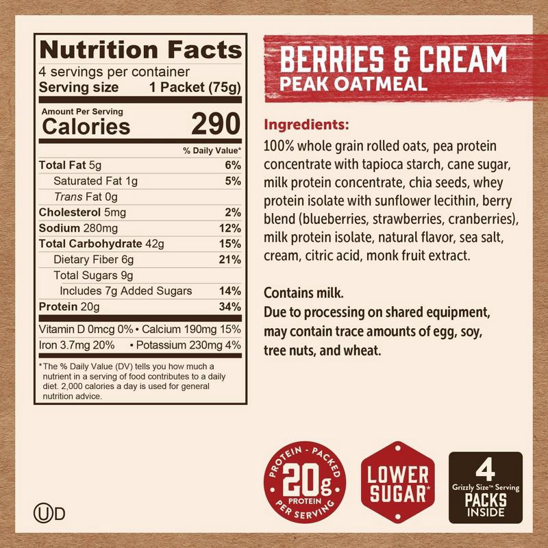 slide 3 of 6, Kodiak Cakes Peak Protein Packed Berries & Cream Oatmeal - 10.58oz/4ct, 10.58 oz, 4 ct