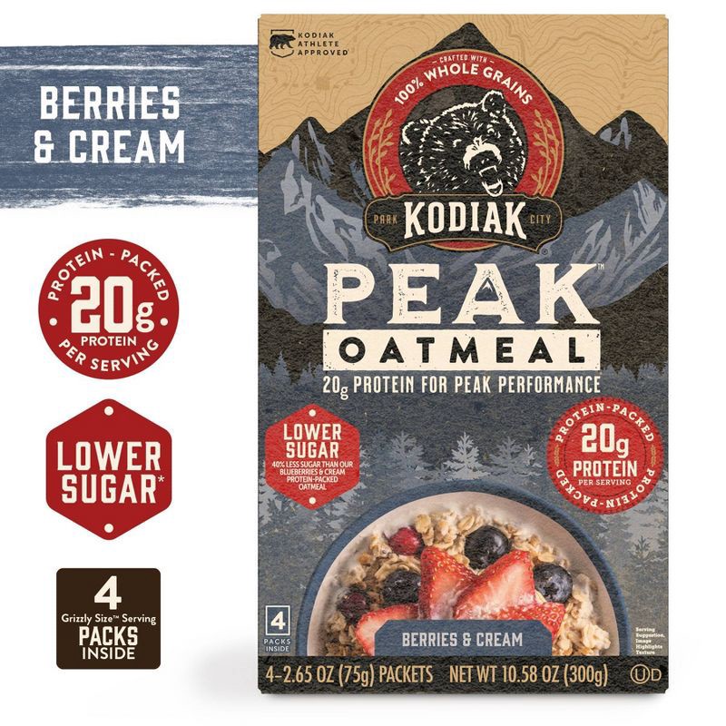 slide 4 of 6, Kodiak Cakes Peak Protein Packed Berries & Cream Oatmeal - 10.58oz/4ct, 10.58 oz, 4 ct