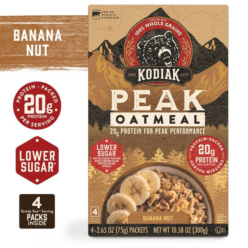 slide 4 of 6, Kodiak Cakes Peak Protein Packed Banana Nut Oatmeal - 12.58oz/4ct, 12.58 oz, 4 ct