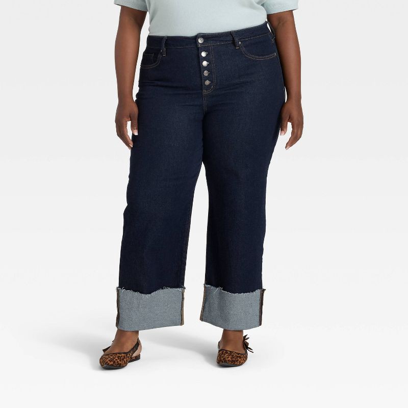 slide 1 of 3, Women's High-Rise Cuffed Straight Jeans - Ava & Viv™ Blue Denim 17, 1 ct