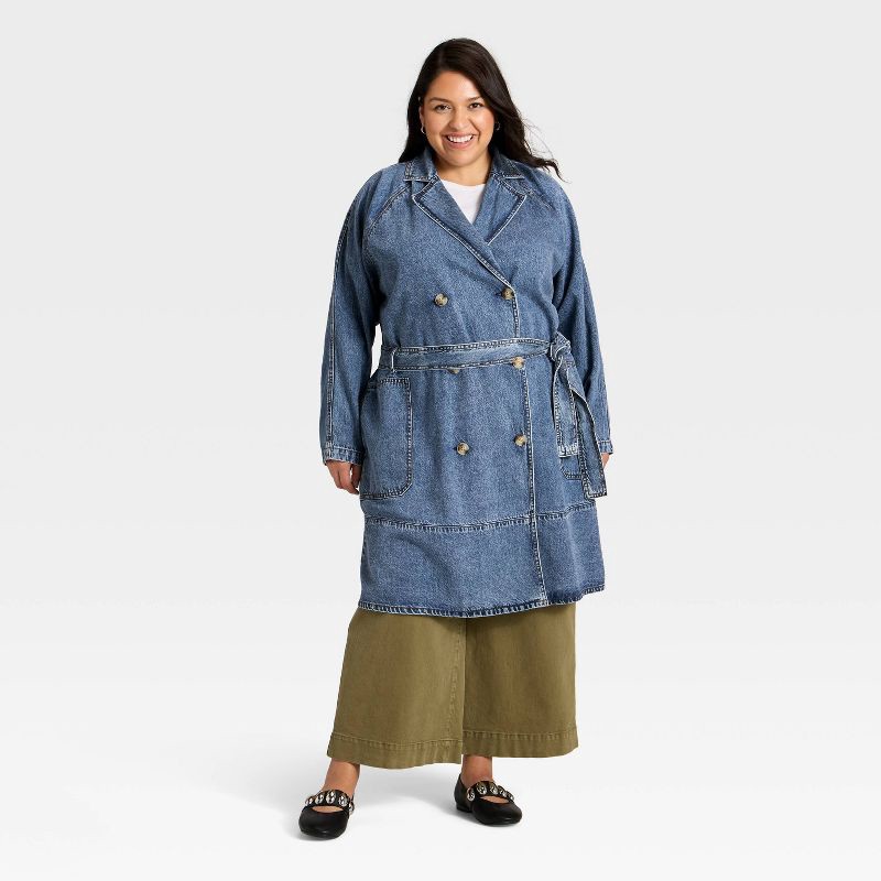 slide 1 of 3, Women's Denim Trench Coat - Ava & Viv™ Medium Wash 3X, 1 ct