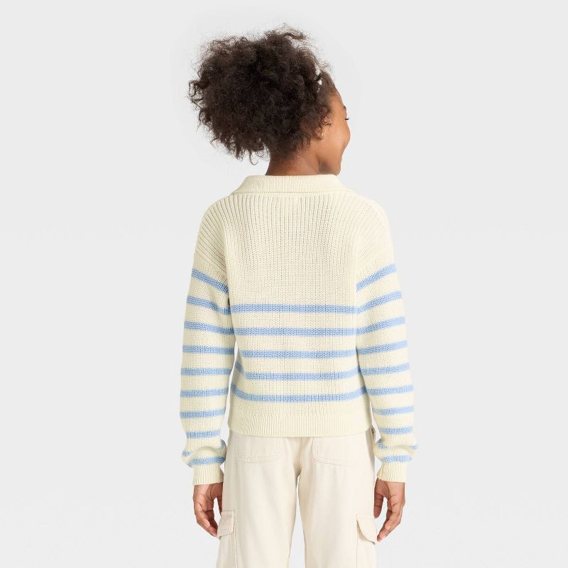 slide 2 of 3, Girls' Striped Collar Sweater - Cat & Jack™ Light Blue/Cream S, 1 ct
