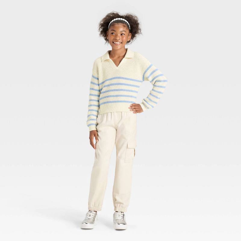 slide 3 of 3, Girls' Striped Collar Sweater - Cat & Jack™ Light Blue/Cream M, 1 ct