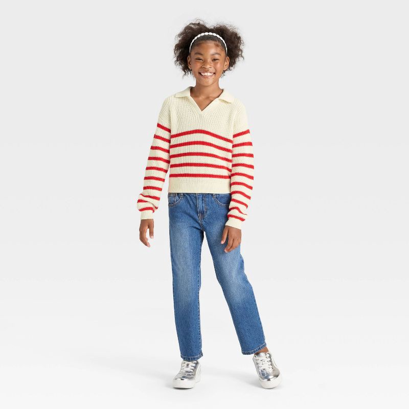 slide 3 of 3, Girls' Striped Collar Sweater - Cat & Jack™ Red/Cream XL, 1 ct