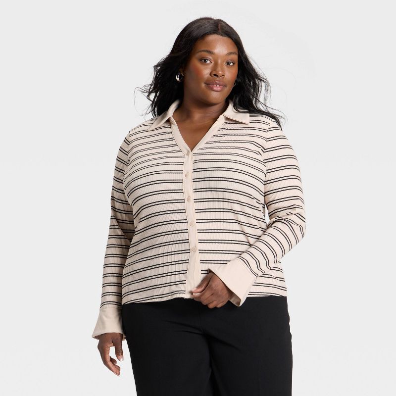 slide 1 of 3, Women's Long Sleeve Collared Rib-Knit Button-Down Shirt - Ava & Viv™ Beige Striped 1X, 1 ct