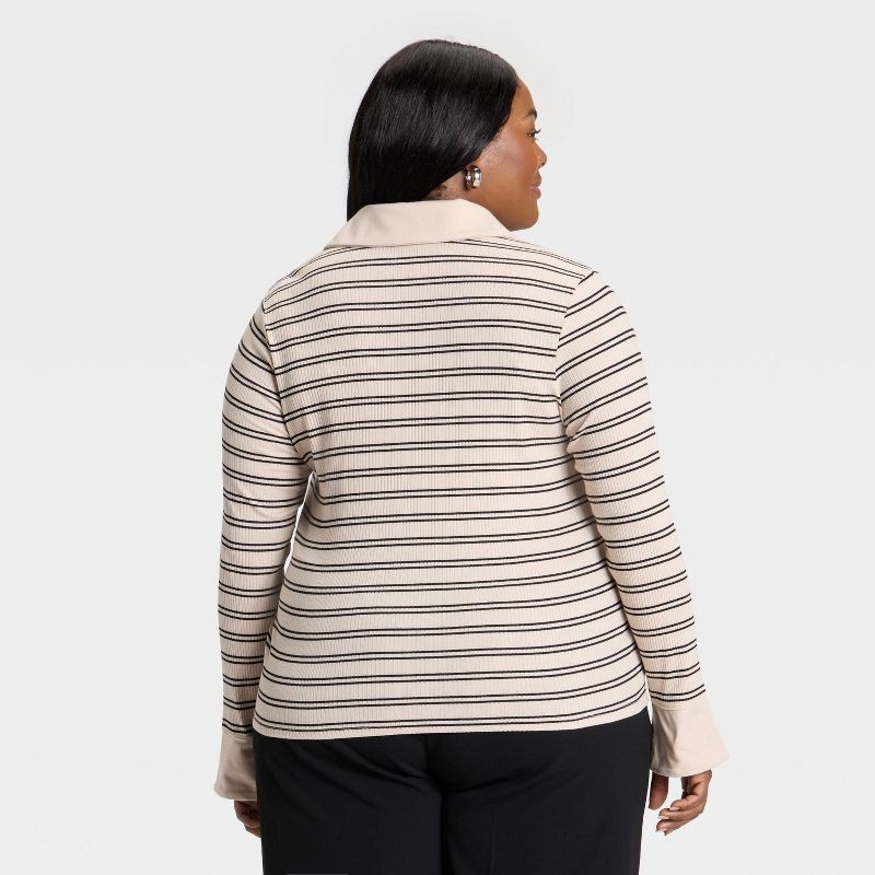 slide 2 of 3, Women's Long Sleeve Collared Rib-Knit Button-Down Shirt - Ava & Viv™ Beige Striped 3X, 1 ct
