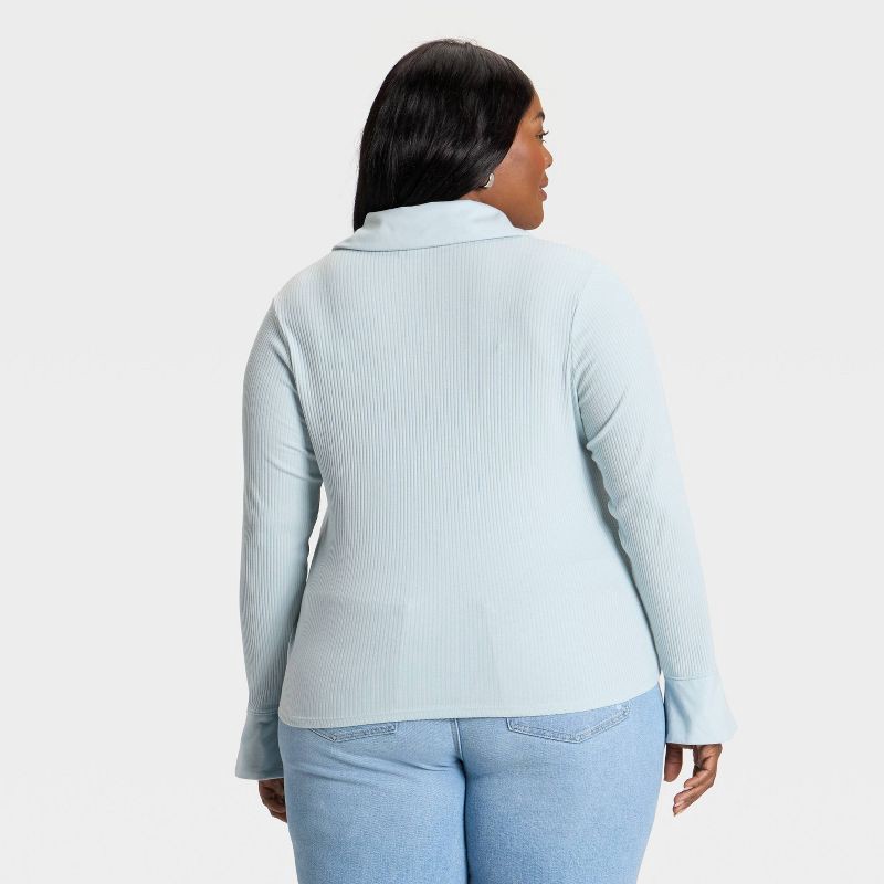 slide 2 of 3, Women's Long Sleeve Collared Rib-Knit Button-Down Shirt - Ava & Viv™ Light Blue 2X, 1 ct