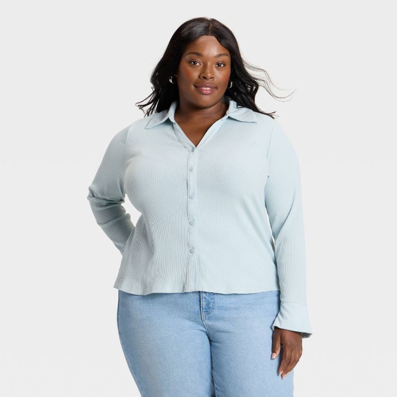 slide 1 of 3, Women's Long Sleeve Collared Rib-Knit Button-Down Shirt - Ava & Viv™ Light Blue 3X, 1 ct