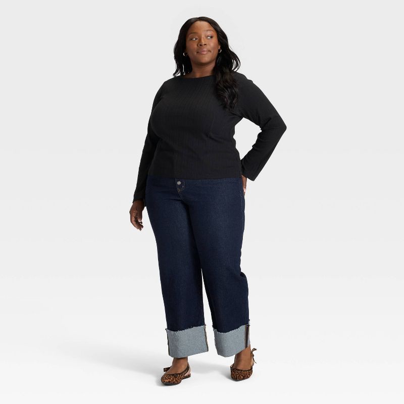 slide 3 of 3, Women's Split Long Sleeve Boat Neck Rib-Knit Top - Ava & Viv™ Black 1X, 1 ct