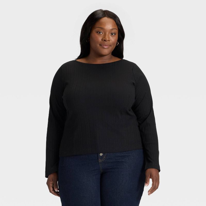 slide 1 of 3, Women's Split Long Sleeve Boat Neck Rib-Knit Top - Ava & Viv™ Black 1X, 1 ct