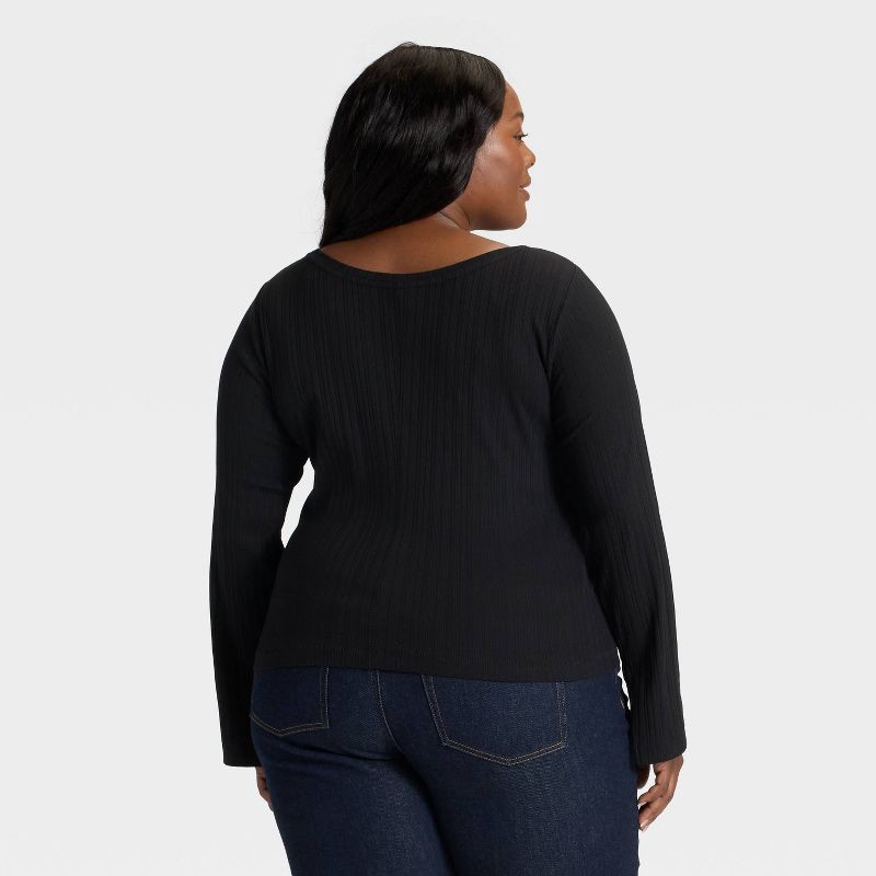 slide 2 of 3, Women's Split Long Sleeve Boat Neck Rib-Knit Top - Ava & Viv™ Black 2X, 1 ct