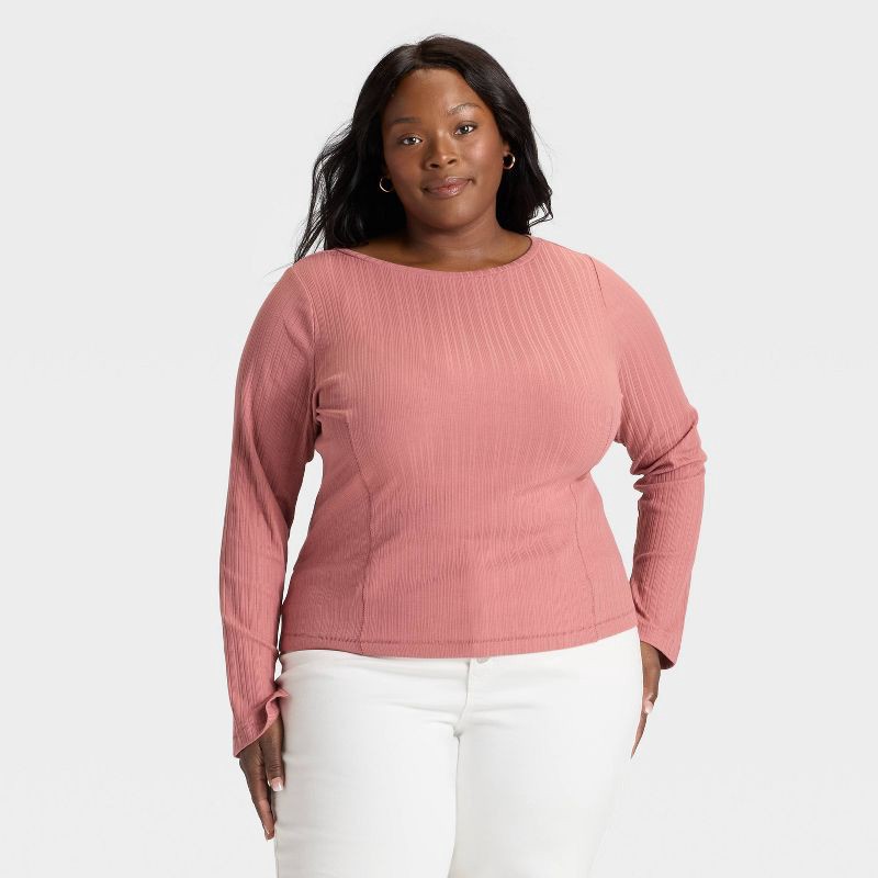 slide 1 of 3, Women's Split Long Sleeve Boat Neck Rib-Knit Top - Ava & Viv™ Mauve 2X, 1 ct