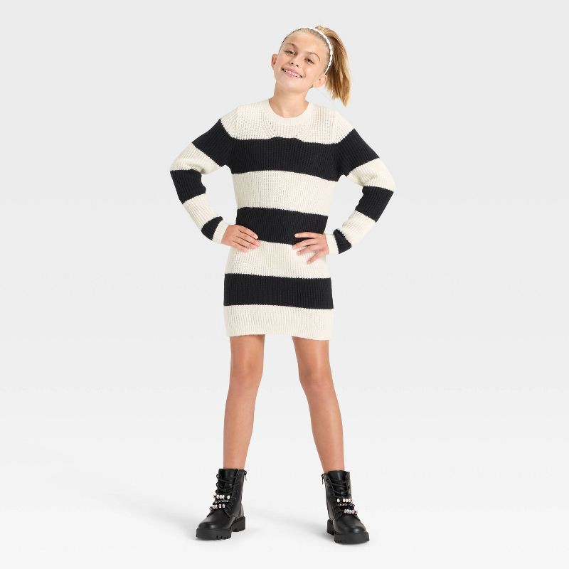 slide 3 of 3, Girls' Long Sleeve Striped Sweater Dress - Cat & Jack™ Black/Cream XS, 1 ct