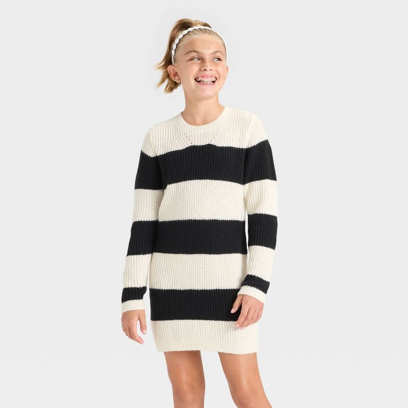 slide 1 of 3, Girls' Long Sleeve Striped Sweater Dress - Cat & Jack™ Black/Cream XL, 1 ct