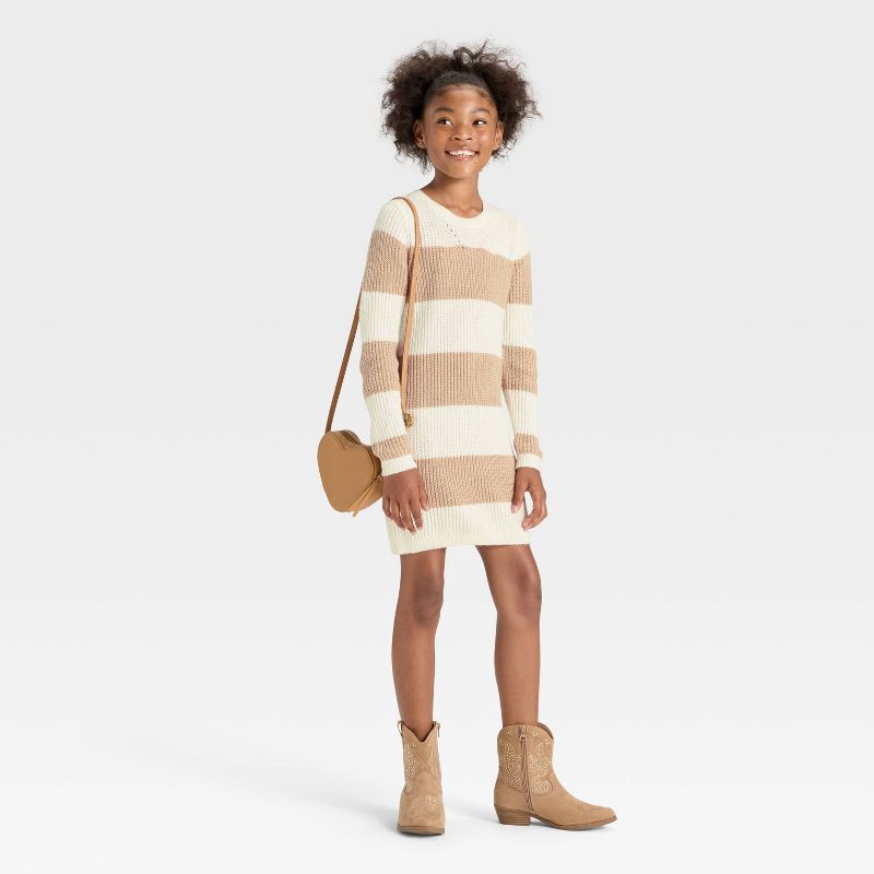 slide 3 of 3, Girls' Long Sleeve Striped Sweater Dress - Cat & Jack™ Tan/Cream M, 1 ct