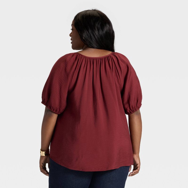 slide 2 of 3, Women's Puff Elbow Sleeve Button-Front Top - Ava & Viv™ Burgundy XXL, 1 ct