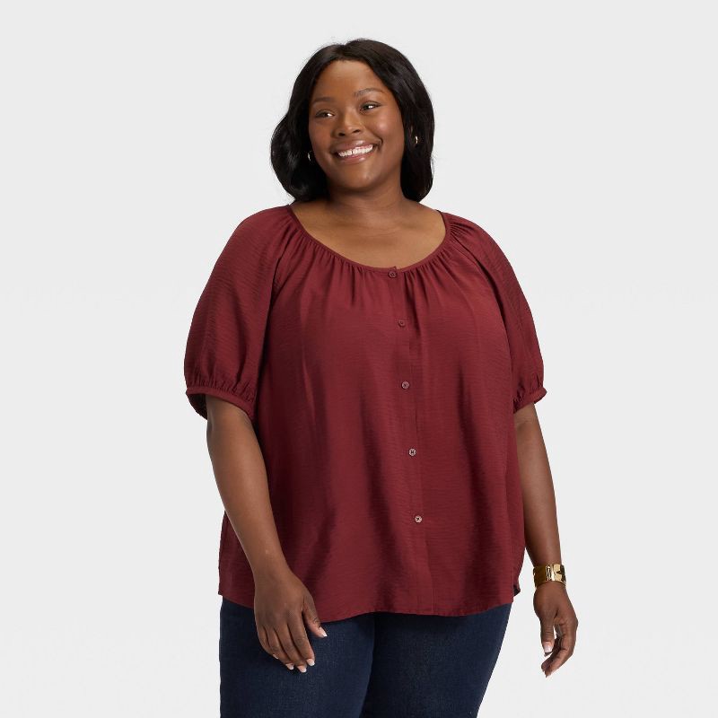 slide 1 of 3, Women's Puff Elbow Sleeve Button-Front Top - Ava & Viv™ Burgundy 1X, 1 ct
