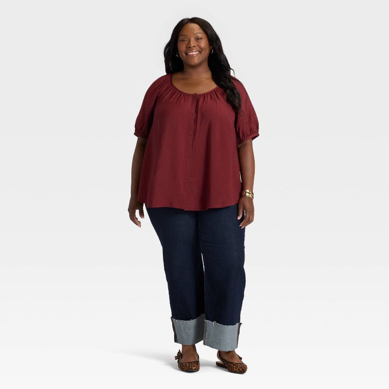 slide 3 of 3, Women's Puff Elbow Sleeve Button-Front Top - Ava & Viv™ Burgundy 2X, 1 ct