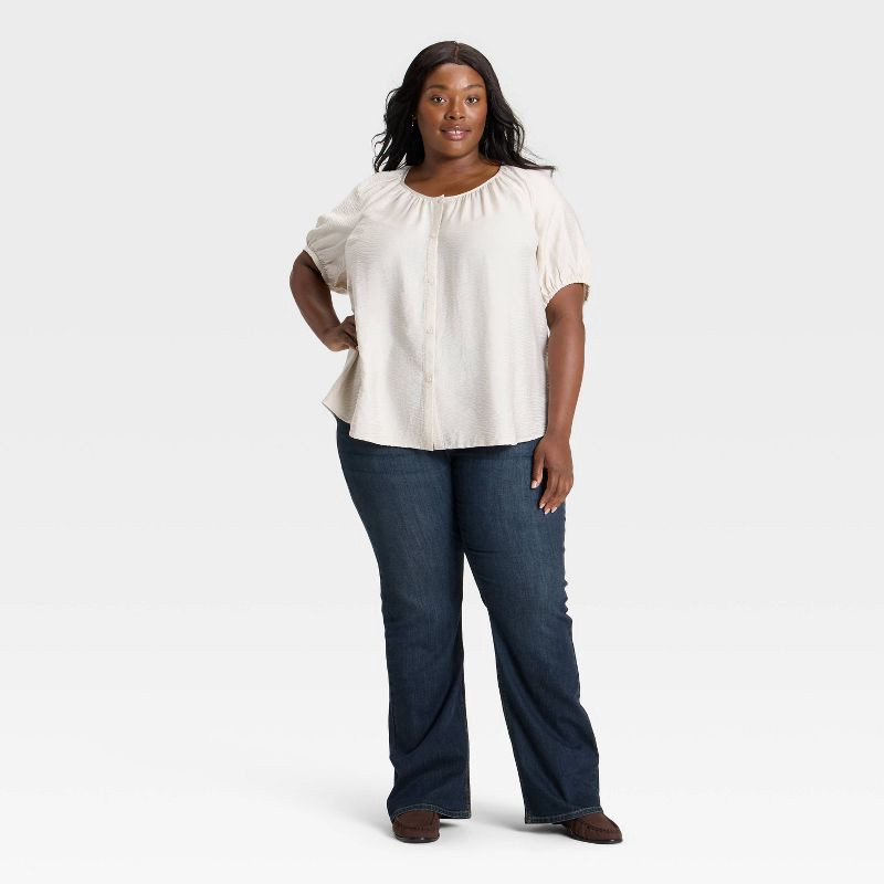 slide 3 of 3, Women's Puff Elbow Sleeve Button-Front Top - Ava & Viv™ Cream 1X, 1 ct