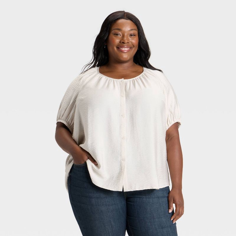 slide 1 of 3, Women's Puff Elbow Sleeve Button-Front Top - Ava & Viv™ Cream 1X, 1 ct