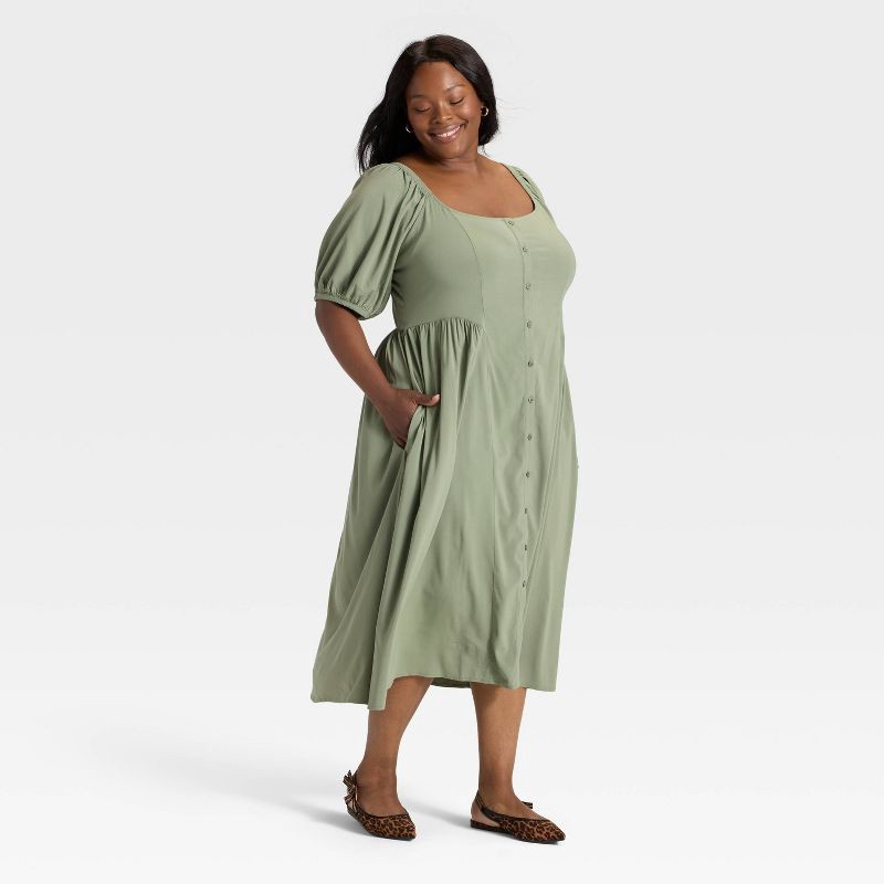 slide 1 of 3, Women's Balloon Short Sleeve Midi Button-Up Dress - Ava & Viv™ Olive Green XXL, 1 ct