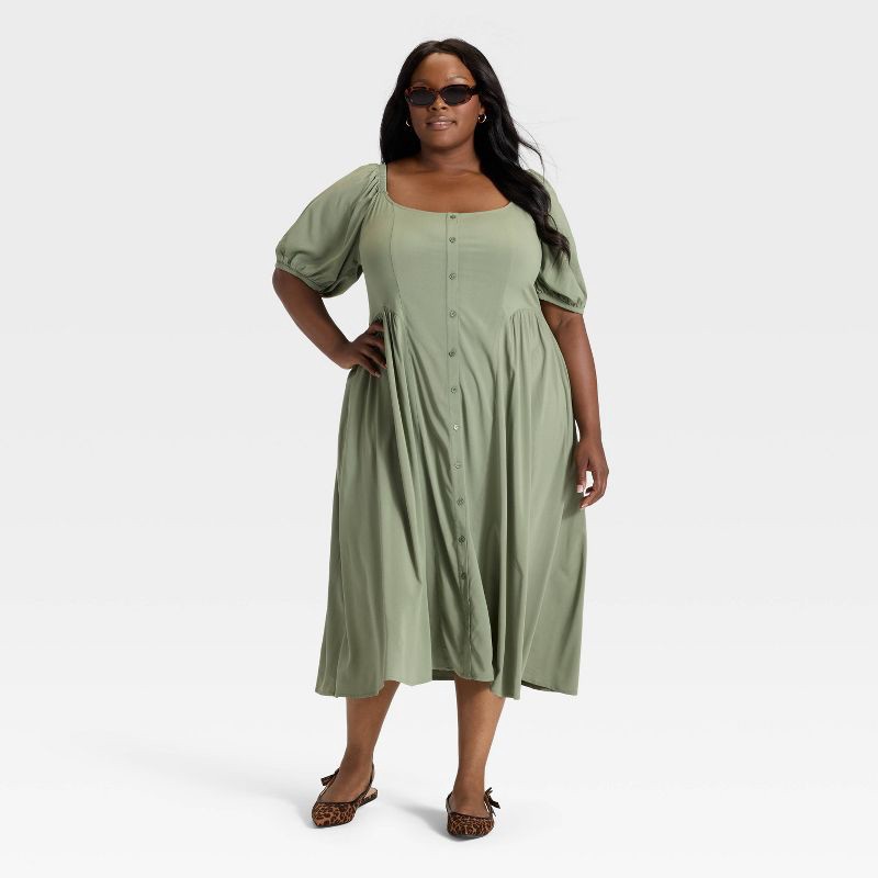 slide 2 of 3, Women's Balloon Short Sleeve Midi Button-Up Dress - Ava & Viv™ Olive Green 1X, 1 ct