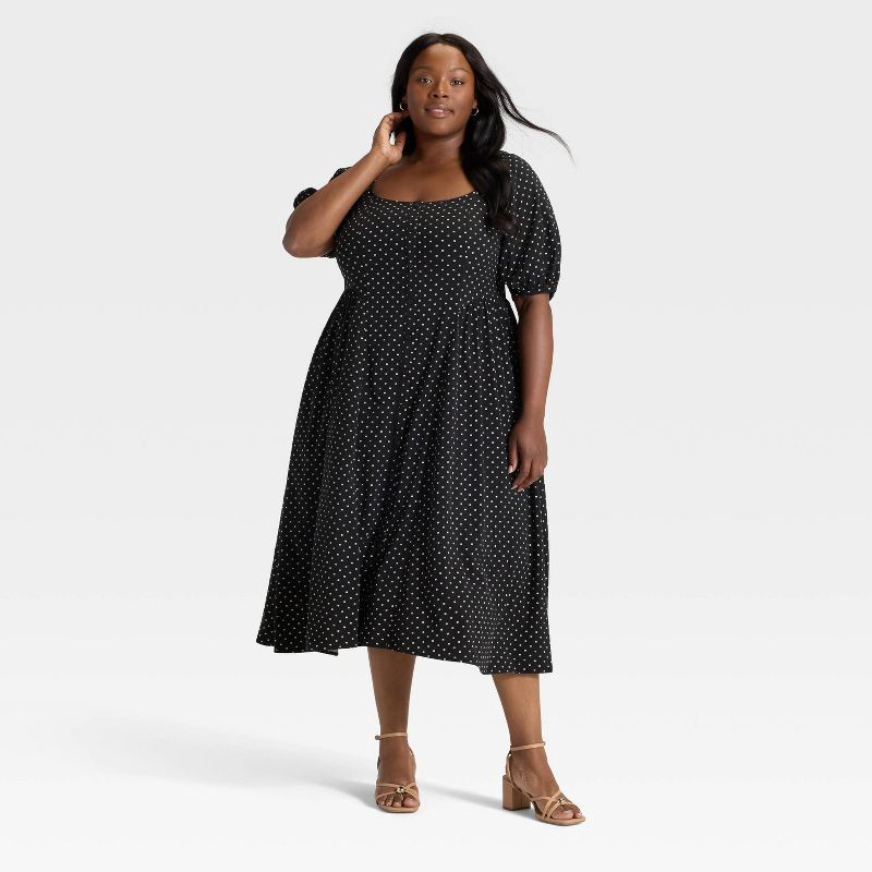 slide 2 of 3, Women's Balloon Short Sleeve Midi Button-Up Dress - Ava & Viv™ Black Dots 1X, 1 ct