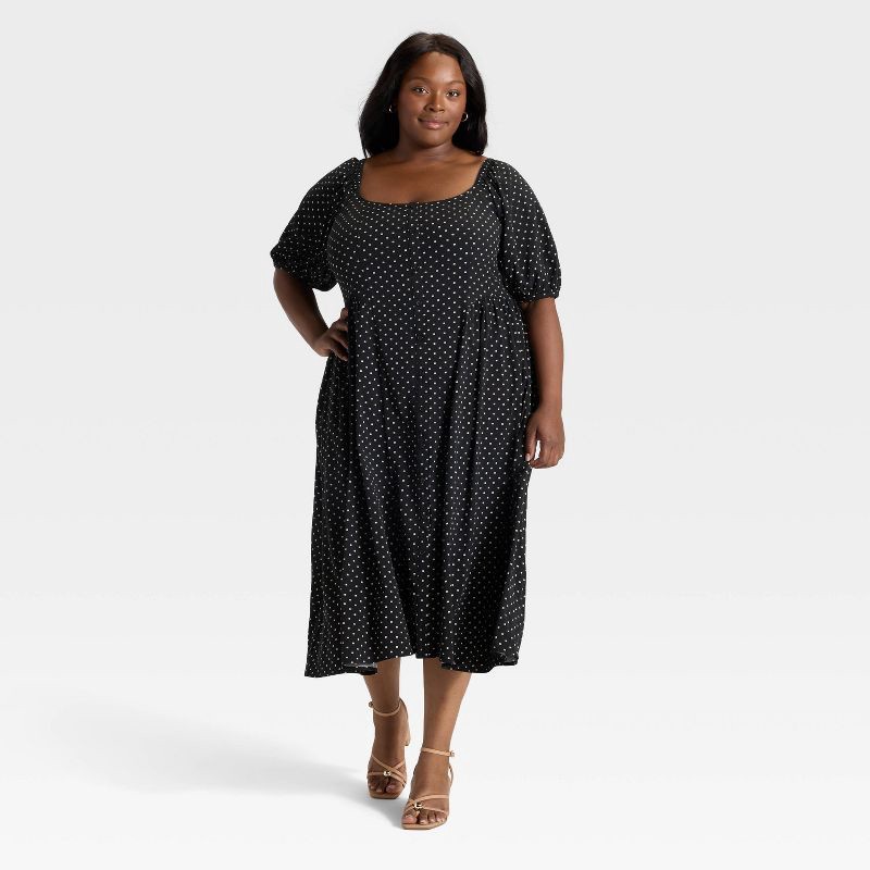 slide 1 of 3, Women's Balloon Short Sleeve Midi Button-Up Dress - Ava & Viv™ Black Dots 2X, 1 ct