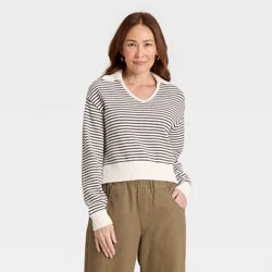 Women's Long Sleeve Collared Neck Pullover Sweater - Universal Thread™ Black Striped L