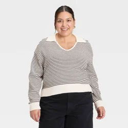 Women's Long Sleeve Collared Neck Pullover Sweater - Universal Thread™ Black Striped XXL