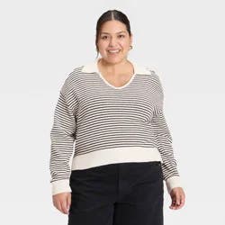 Women's Long Sleeve Collared Neck Pullover Sweater - Universal Thread™ Black Striped XXL
