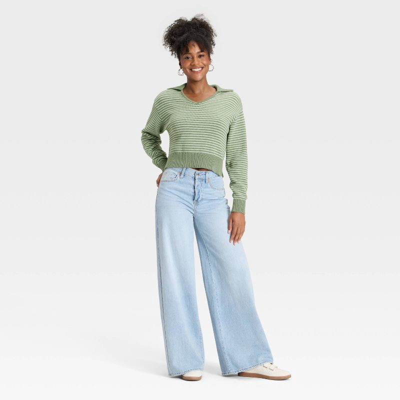slide 3 of 3, Women's Collared Neck Pullover Sweater - Universal Thread™ Green Striped M, 1 ct