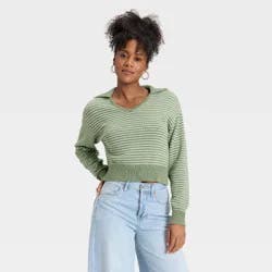 Women's Collared Neck Pullover Sweater - Universal Thread™ Green Striped L