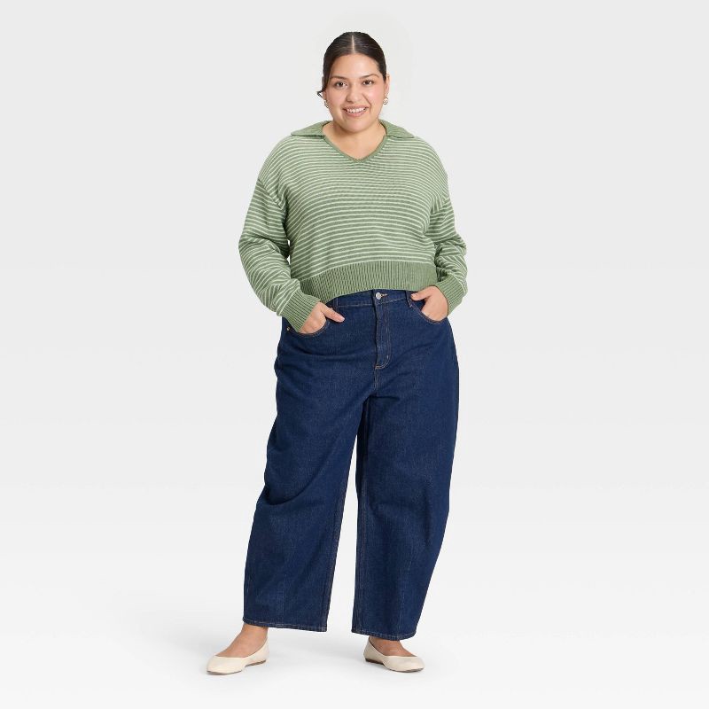 slide 3 of 3, Women's Collared Neck Pullover Sweater - Universal Thread™ Green Striped XXL, 1 ct