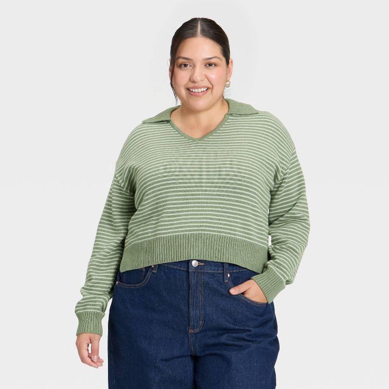 slide 1 of 3, Women's Collared Neck Pullover Sweater - Universal Thread™ Green Striped XXL, 1 ct