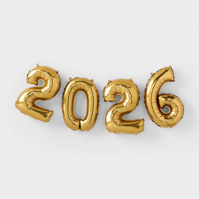slide 1 of 4, New Year's Eve '2026' Gold Foil Balloon Banner - Spritz™, 1 ct