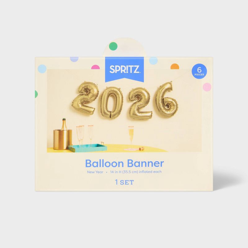 slide 4 of 4, New Year's Eve '2026' Gold Foil Balloon Banner - Spritz™, 1 ct