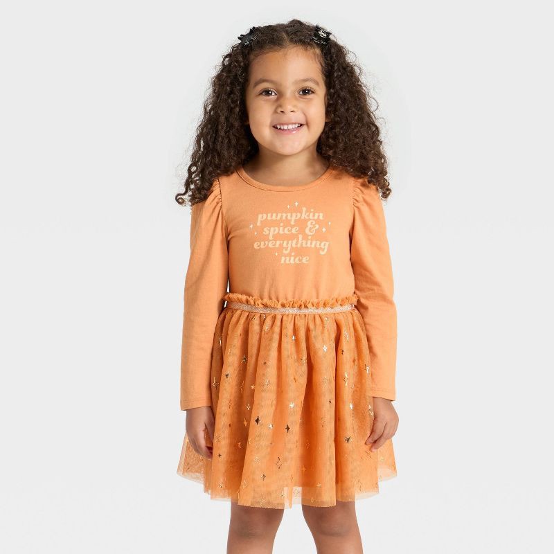 Toddler Girls' Long Sleeve Halloween Pumpkin Spice Tulle Dress - Cat &  Jack Brown 12M 1 ct | shipt