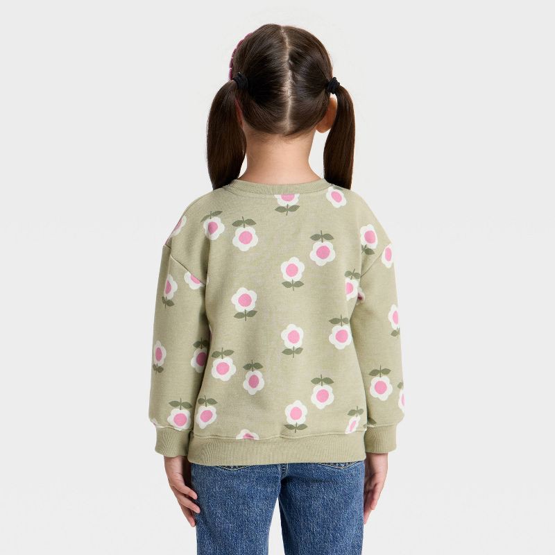slide 2 of 3, Toddler Girls' Floral Fleece Pullover Sweatshirt - Cat & Jack™ Olive Green 12M, 1 ct